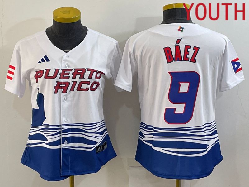 Youth 2023 World Cub Puerto Rico #9 Baez White MLB Jersey6->youth mlb jersey->Youth Jersey